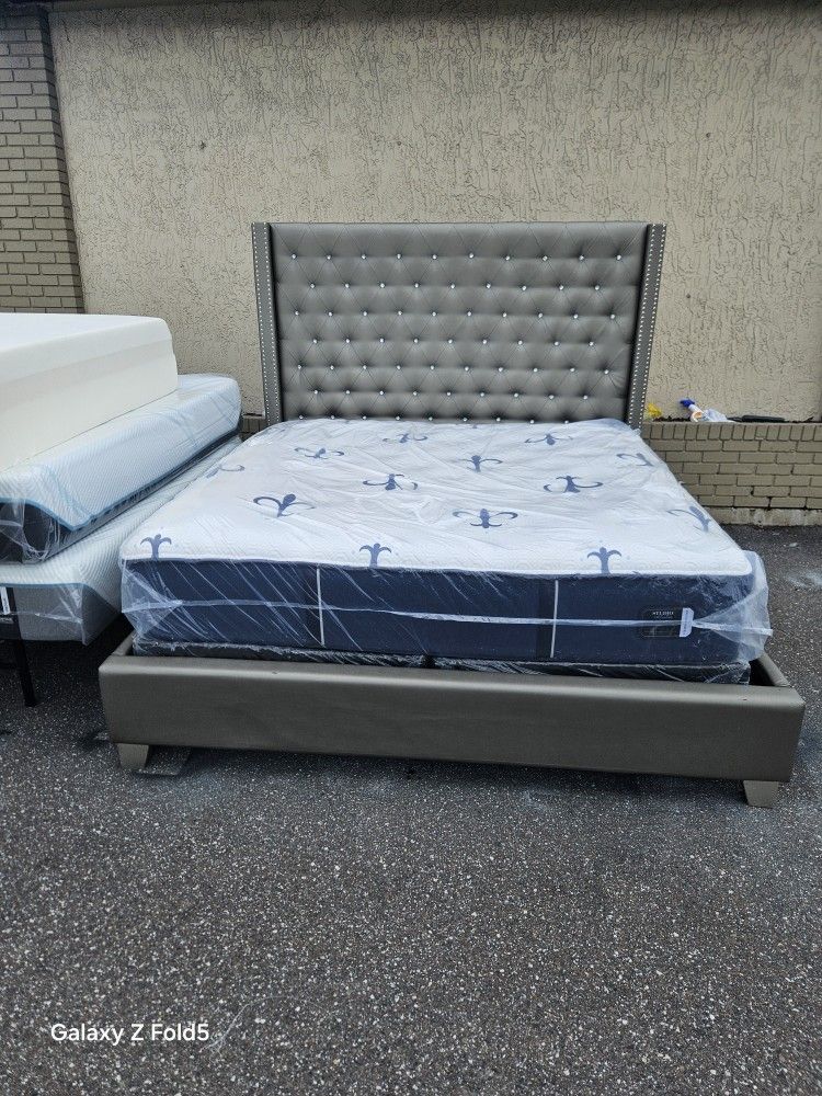 Silver King Size Sofia Vergara Upholstery Bed Frame With Brand New King Size Plush Stearns &foster Studio Mattress And Box Spring In Plastic