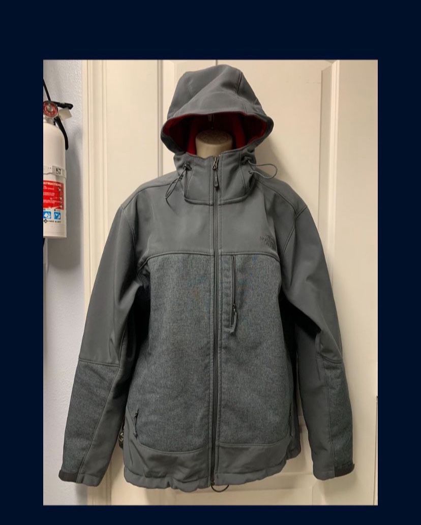 Adult Men’s Large The North Face Jacket Tech Gray Red Zip Up Waterproof Hooded Bluetooth Pocket Holder Soft Shell