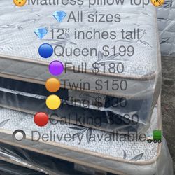 ⭐️Mattress⭐️ ❇️Pillow top All sizes available ❇️New in plastic 12” inches tall ✳️Queen $199 ✳️Full $180 ✳️Twin $150 ✳️King $330 ✳️Cal King $330 ✅Deli