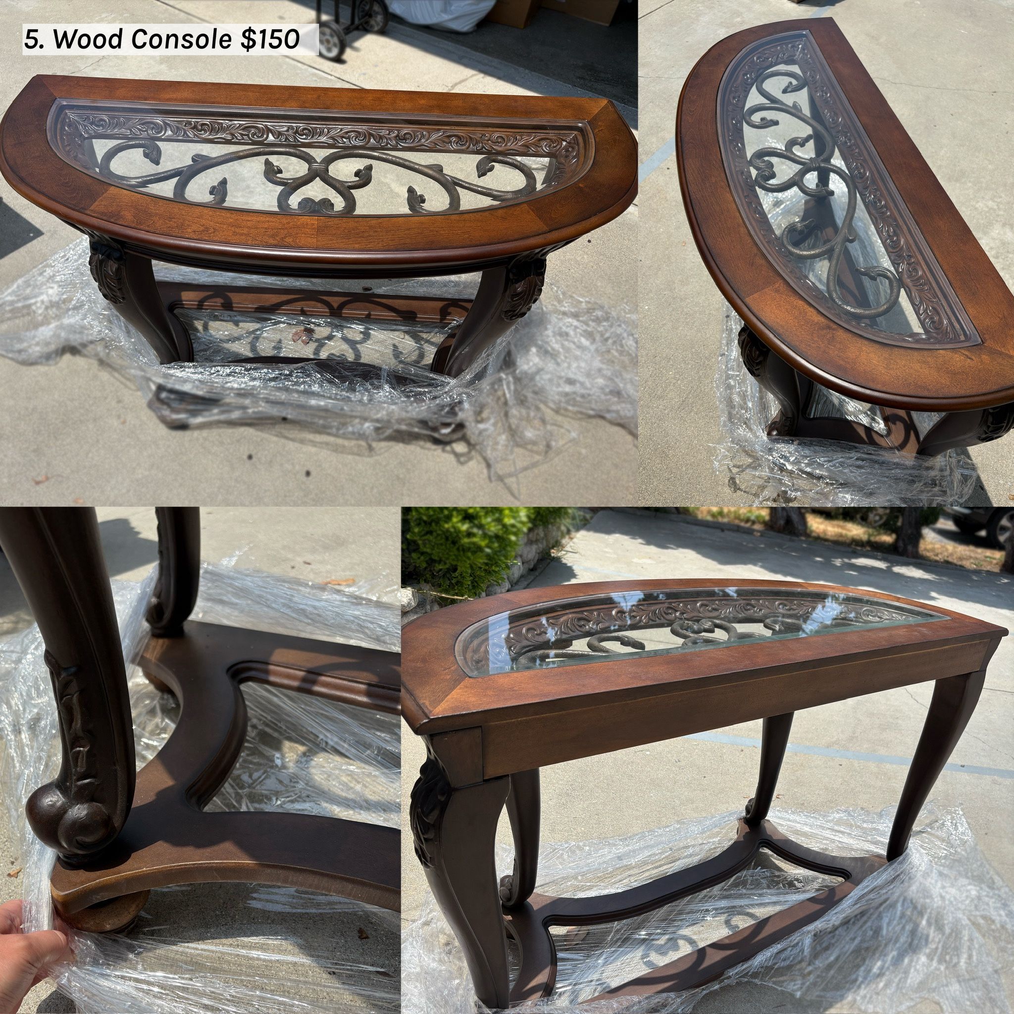 Wood Console Table with Glass Top