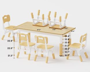 🥨Brelley Height Adjustable Toddler Table and 6 Chairs Set, Beige Table Supports 300 lbs, Non-Toxic HDPE, Graffiti Desktop, Classroom/Daycare/Home, Ch