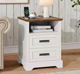 White Nightstand Rustic Brown Top, Built-In Charging Station, 2 Drawers