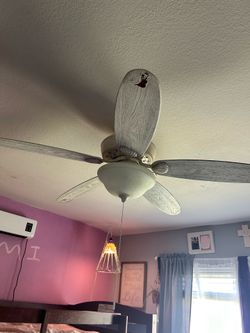 White & grey ceiling light & ceiling fan
