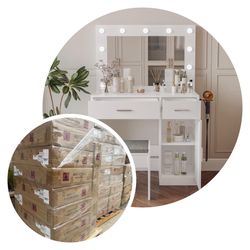 Vanity, Vanity Desk with Mirror, Large Drawer and Power Socket with 11 Light Bulbs and 3 Adjustable Lighting Modes, Vanity Table Ideal for Bedroom (Wh
