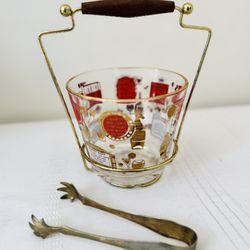 Vintage 1950s Jennette Glass Ice Bucket w/Caddy & Brass Tongs, MCM Red Gold 9.5”
