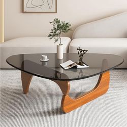 Triangle Coffee Table in Walnut Mid Century Modern Solid Wood Base and Triangle Clear Glass Coffee Table for Living Room Low Minimalist Tea TableCoffe