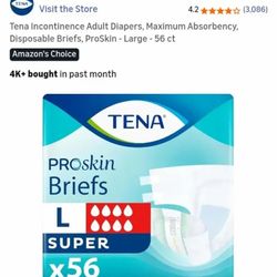 Tena Incontinence Adult Diapers, Maximum Absorbency, Disposable Briefs, ProSkin - Large - 56 ct...NEW IN BOX