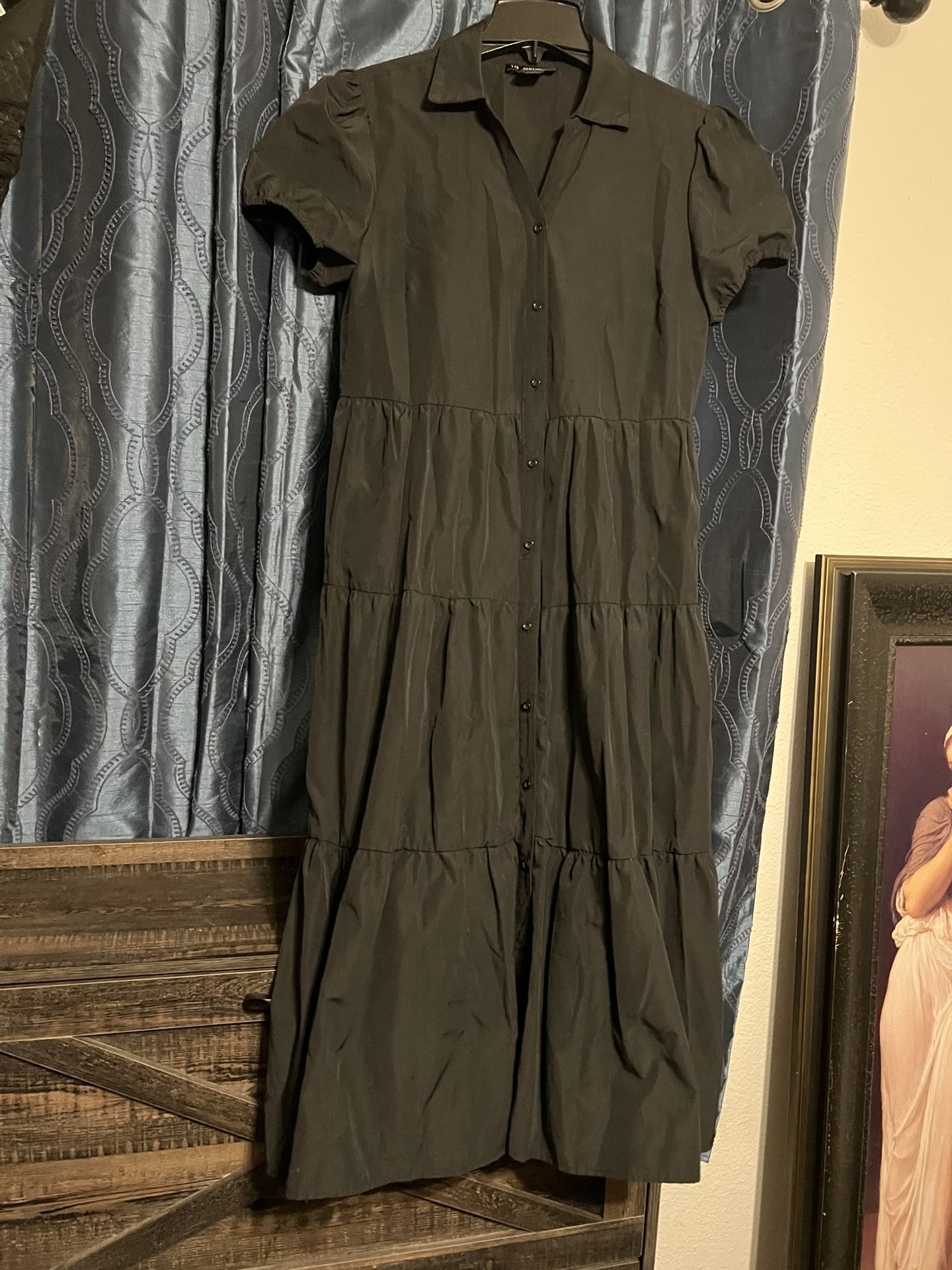 Black Tiered Maxi Sundress with short Puff Sleeves and V-neck