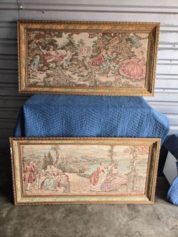 Pair of Vintage Framed Rococo Tapestries