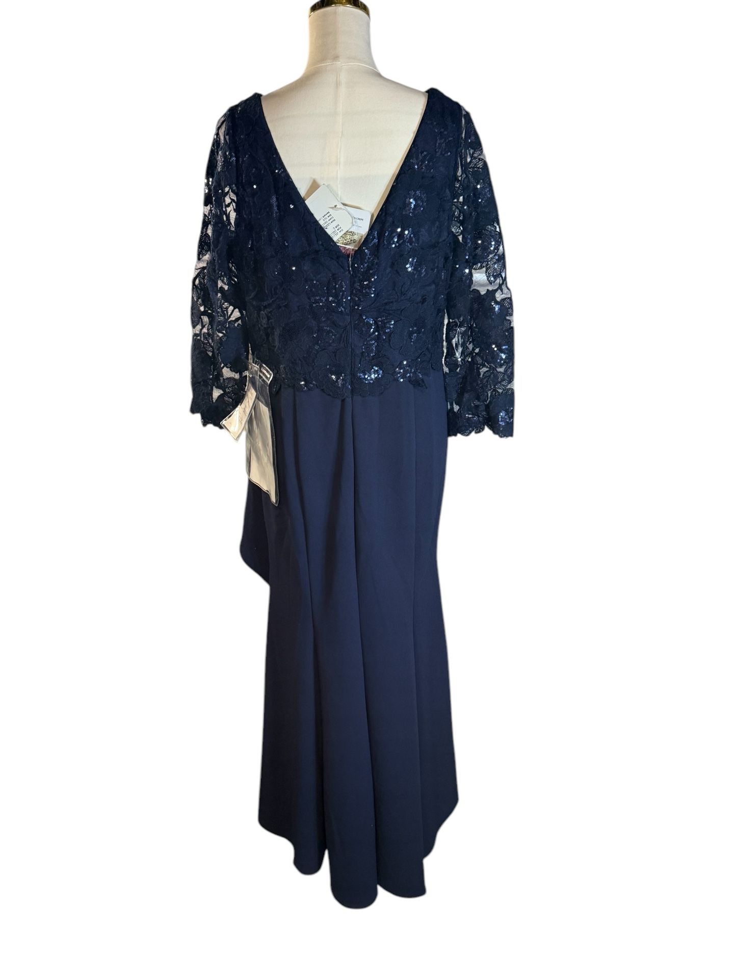 K208001 Long V-neck Sequin Lace & Stretch Crepe MOB Dress with Sleeves