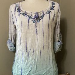 LAPIS Purple & Turquoise Embroidered Tie Dye Roll Tab Sleeve Tunic Top Women's M
