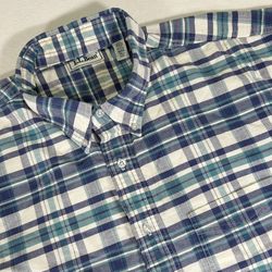 VTG LL Bean Mens 2XLT Blue Green White Plaid Short Sleeve Fish Camp Hiking Shirt