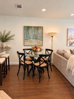 36” Round Glass Dining Table + 4 Woven X-Back Chairs- $325