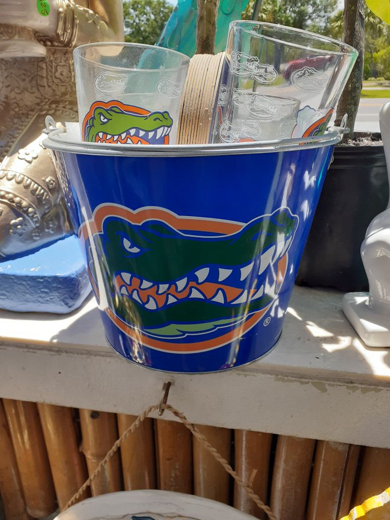 Collectible Florida Gator metal ice bucket for glasses and coasters complete set