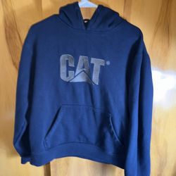 This is a navy blue Caterpillar Trademark hooded sweatshirt with an embroidered CAT logo
