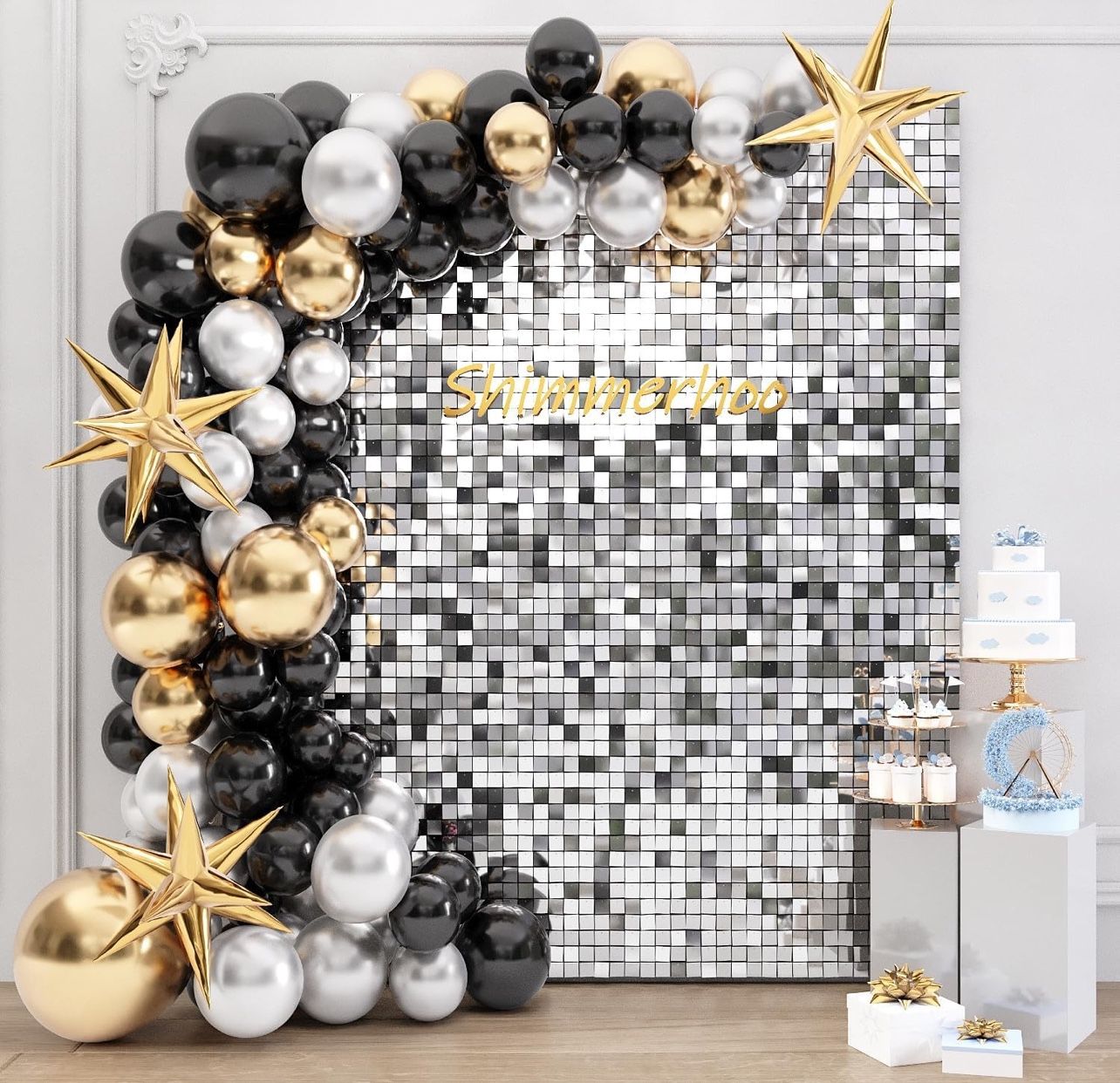 Shimmer Wall Backdrop - 24pcs Decorations Panel Silver 6ft by 4ft
