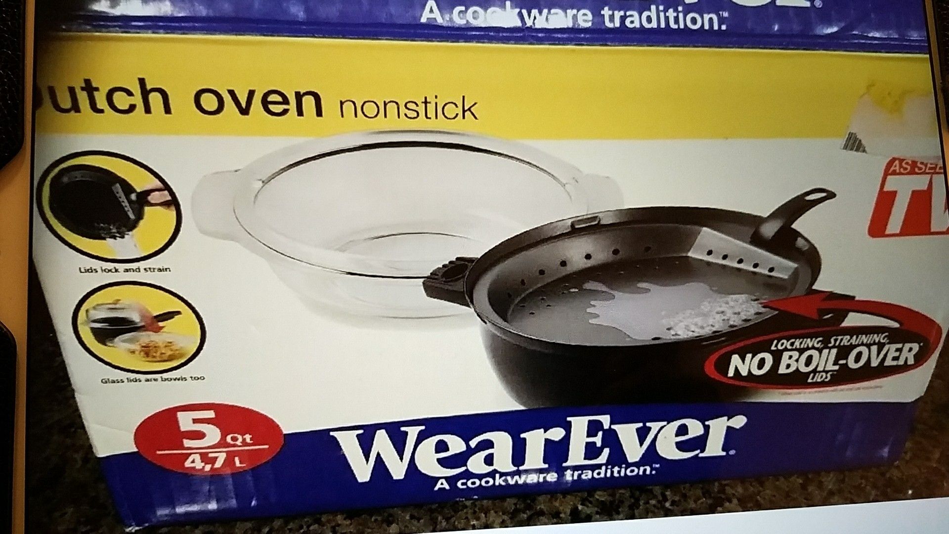 WearEver 5 quart nonstick Dutch oven with A no boil over lid