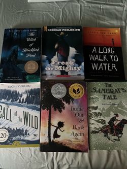 new books, the samurais tale, a long walk to water, inside out & back again, freak the mighty, the call of the wild, and the witch of blackbird pond