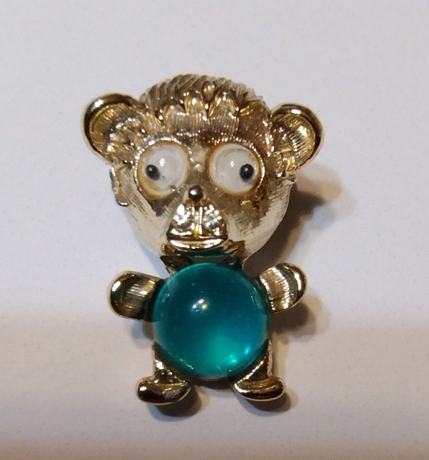 Vintage Googly Eyed Gold Tone JELLY BELLY Blue Glass Teddy Bear Pin Brooch