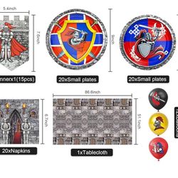 Medieval Birthday Party Supplies Knights Themed Decorations with Banner Tablecloth Balloons Plates Napkins for Memorable Celebration
