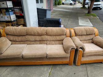 Sofa & Chair - brown cloth with oak trim,,