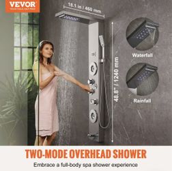Jet Shower Panel Tower System with Rainfall and Waterfall Head in Brushed Nickel and Chrome 