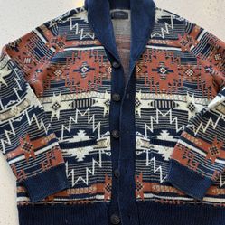 L Lucky Brand Southwestern Print Shawl Cardigan Aztec Tribal Mens Chunky Heavy