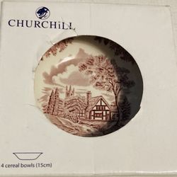 Four (4) Churchill "The Brook" Pink / Red Transferware Cereal Bowls