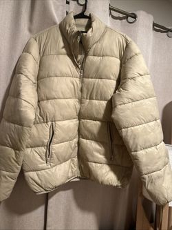 Forever 21 Men's Puffer Jacket Cream Beige Size Medium Full Zip Pockets Quilted