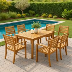 Set Of 6 - Outdoor Patio  Teak Finish (Acacia Wood) Dining Chairs [NEW] **Retails For $500**  <Assembly Req>  [TABLE NOT INCLUDED]