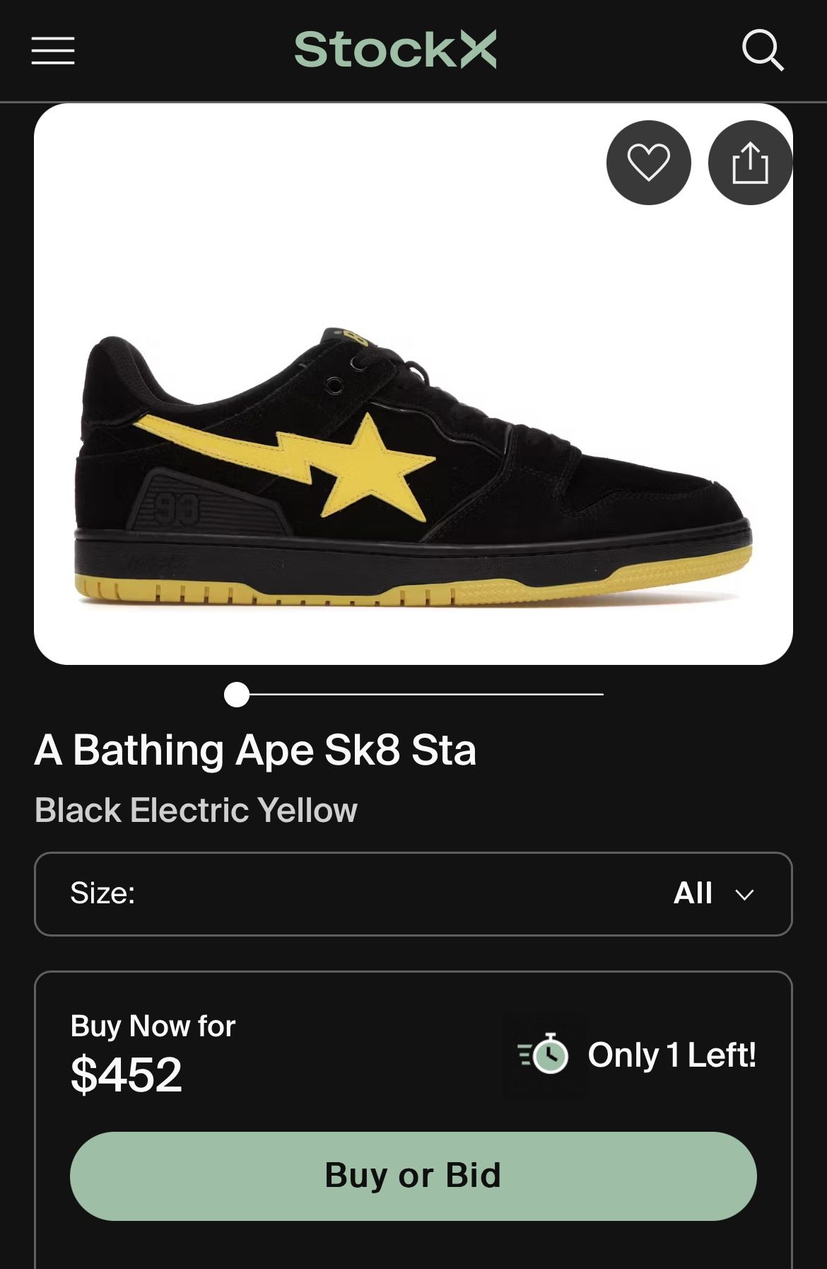 A Bathing Ape Sk8 Sta Black Electric Yellow Sneakers