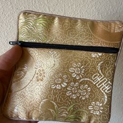 Small Chinese embroidered zippered Gold Floral Brocade Zip Pouch bag jewelry