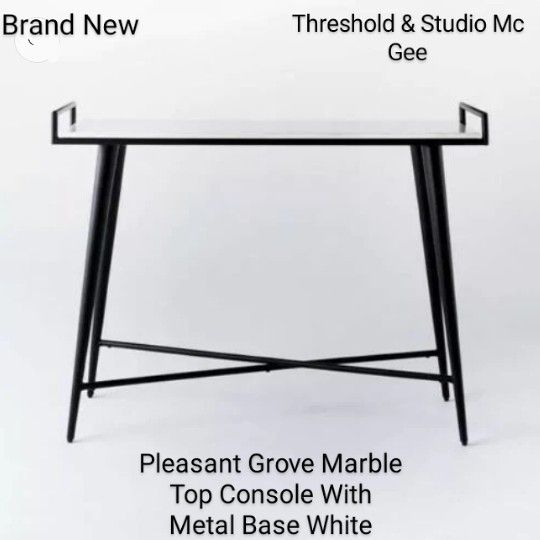 Brand New Pleasant Grove Marble Top Console With Metal Base White