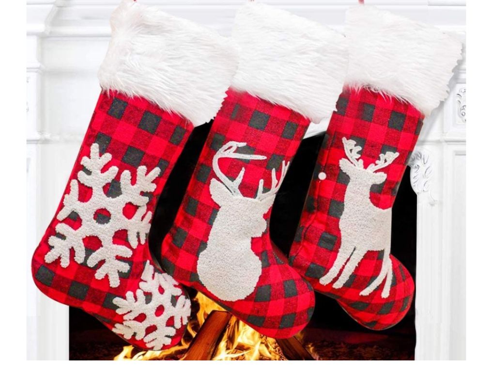 3PCS Christmas Stockings, 20" Red and Black Buffalo Check Xmas Stockings with White Snowflake, Elk and Plush Faux Fur Cuff Plaid for Christmas Decora