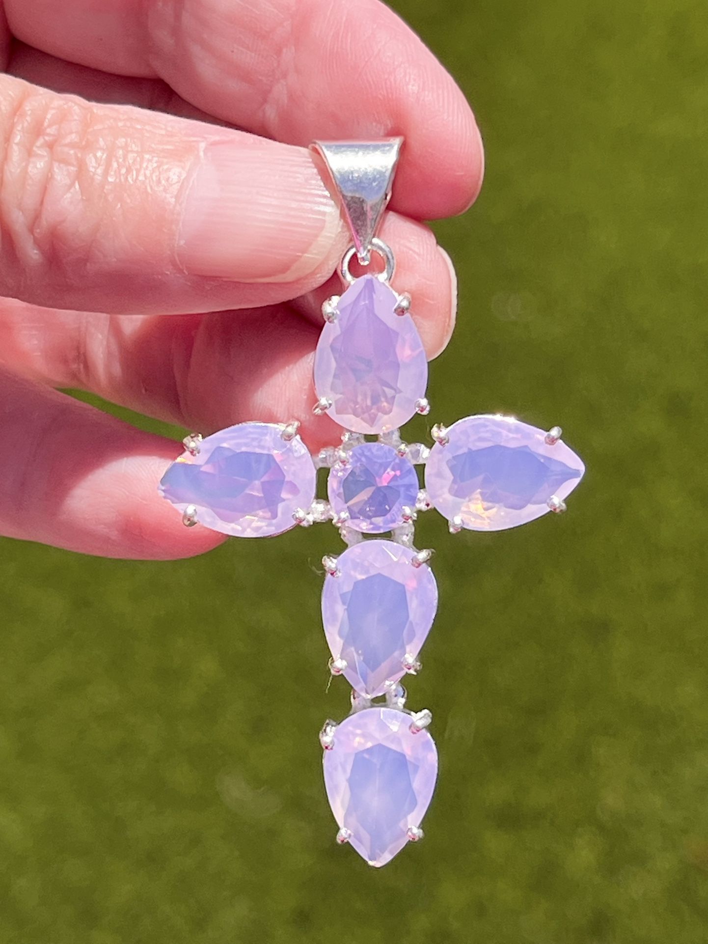 Pink Opalite Crystal 925 Sterling Silver Cross 2.5” Pendant