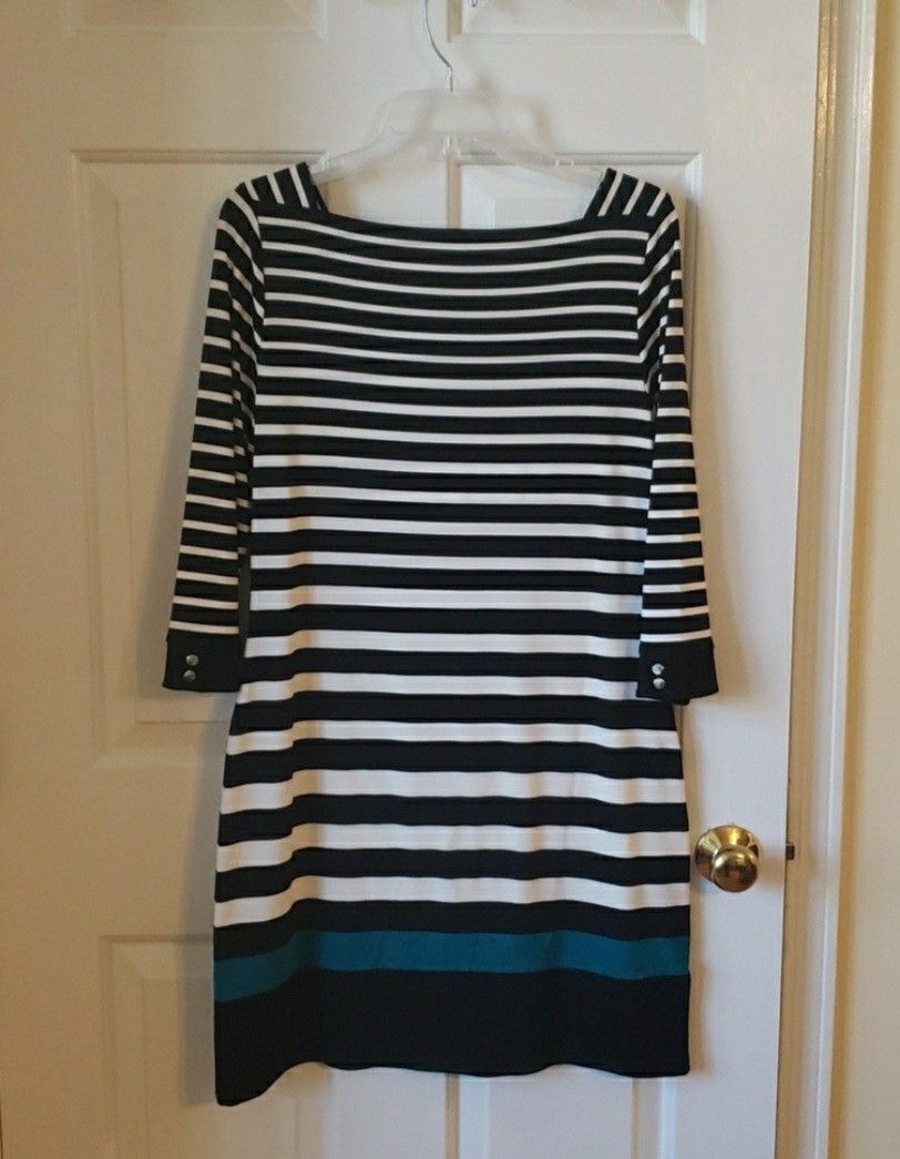 White House Black Market Dress- Black & White Stripe w/ Teal/Torquoise Size:M
