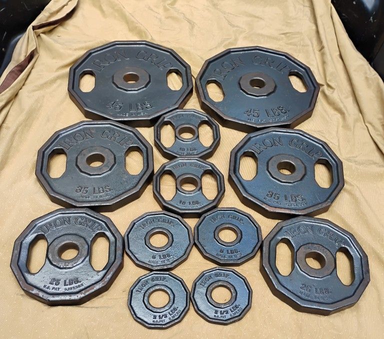 FULL SET OF IRON GRIP OLYMPIC EASY GRIP PLATES (PAIRS OF) : 45s 35s 25s 10s 5s 2.5s