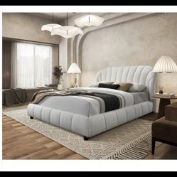 Brand New Cream Color "Teddy Bear" Fabric Platform Bed (Queen or King)