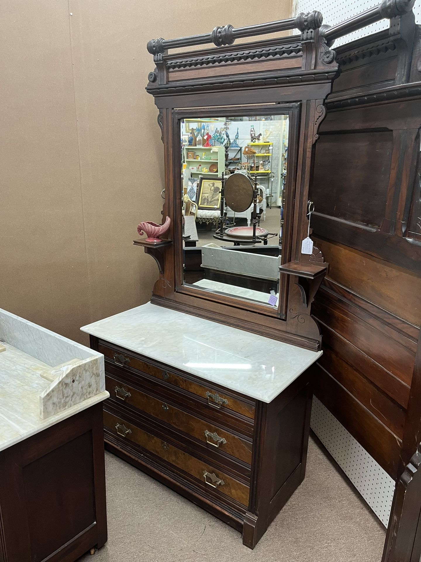 Antique Victorian Eastlake Marble Top Dresser w/ Mirror