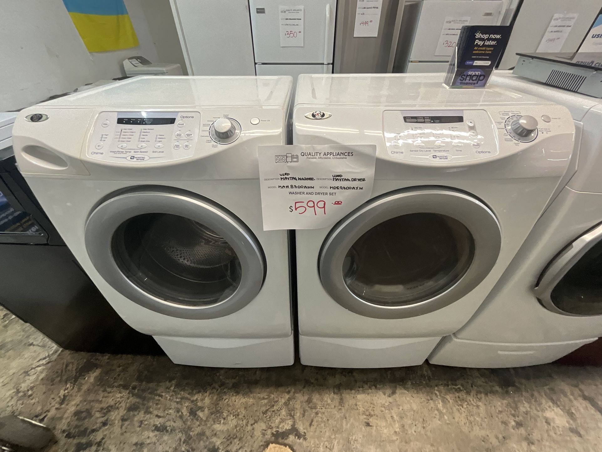 USED MAYTAG WASHER AND DRYER SET WITH PEDESTALS