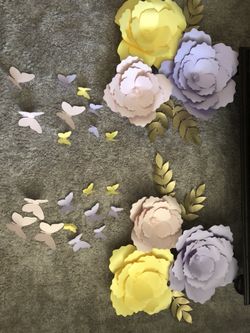 Paper Flowers set of 6 with leaves and butterflies