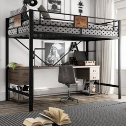 Metal Twin Size Loft Bed Frame with Stairs & Full-Length Guardrail, Black，Desk not included