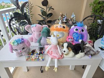 Lot of 11 Plush Toys + Box of Marbles – Unicorn, Puppy, Elephant, More