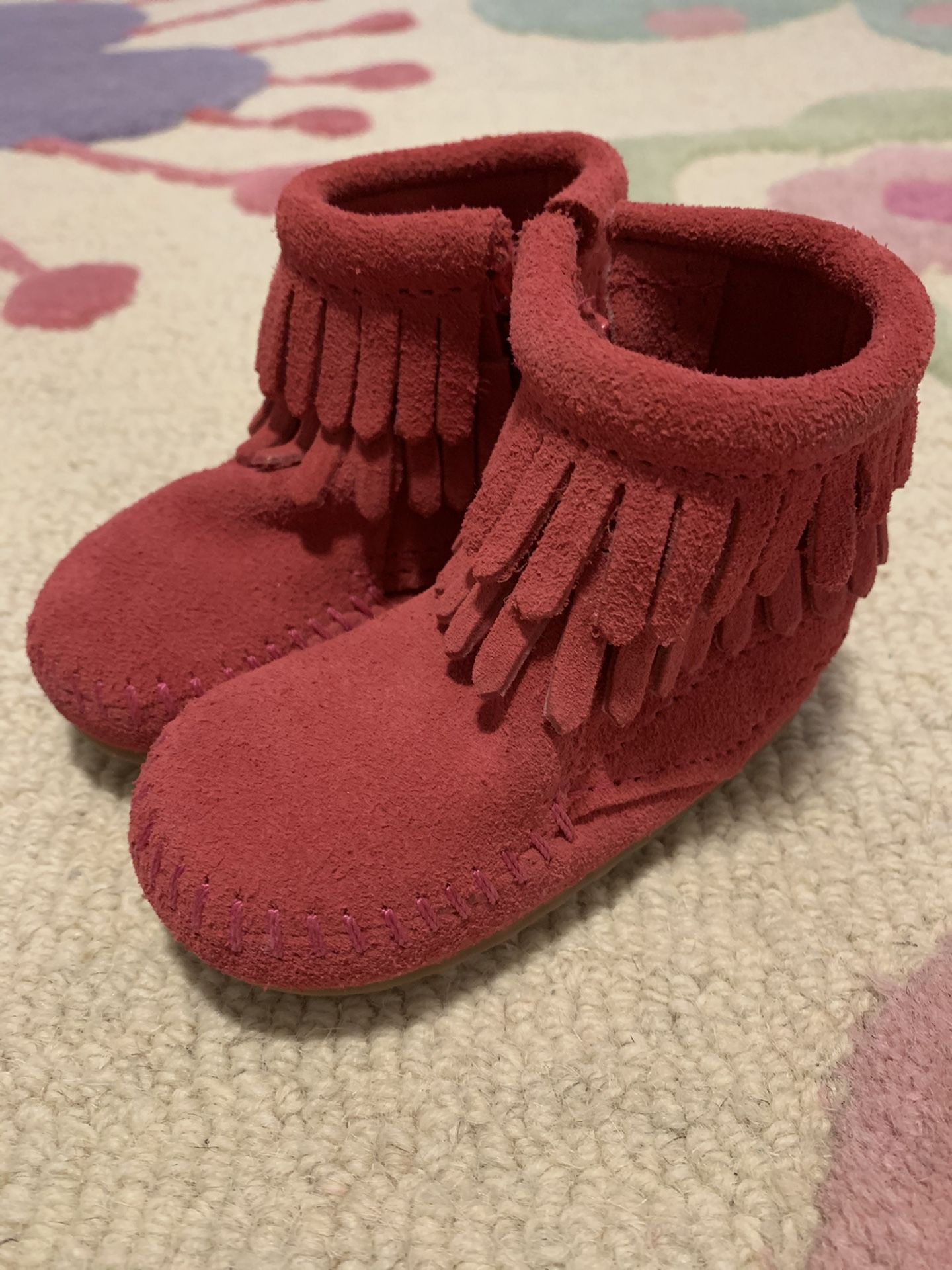 Minnetonka Pink Double Fringe Side Zip Bootie