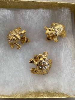 Set Of Three Frog Pins/ Brooches With Clear Rhinestones