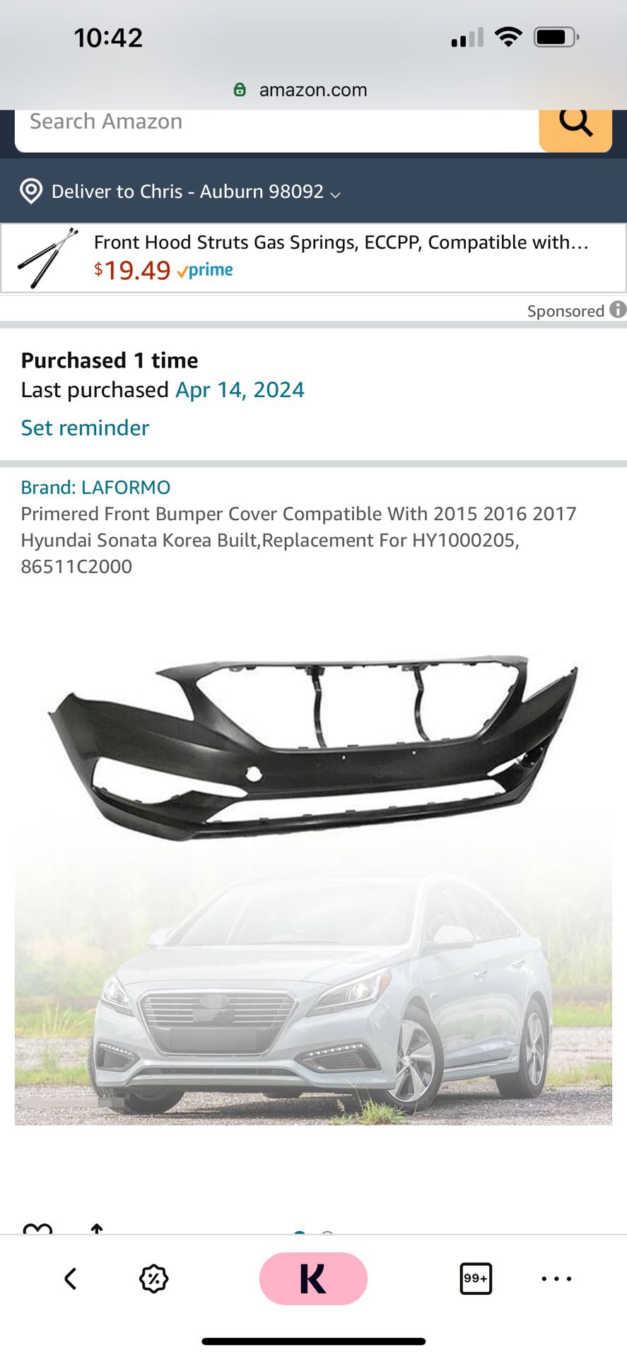 2016 Hyundai Sonata Bumper Cover 