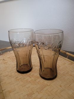 Set of 2 Coca Cola Amber Glass Tumblers 6” Embossed Coke Soda Glasses