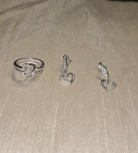 10 Karat White Gold Earrings And Ring W/Diamonds