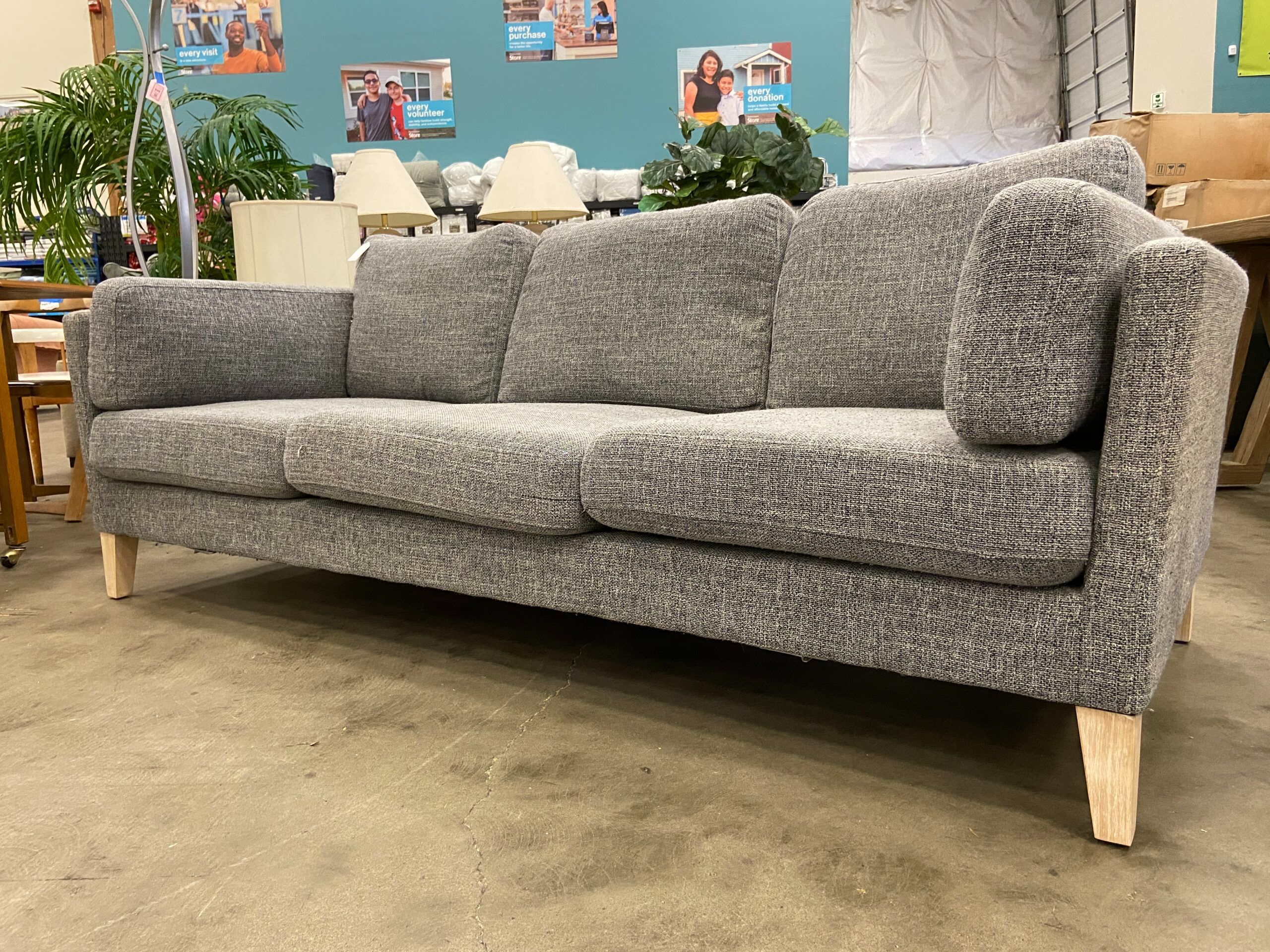 COST PLUS WORLD MARKET Heathered Grey 3 Seat Sofa with Light Wood Legs