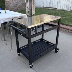 New In Box Stainless Steel Top Commercial Grade Rolling Serving Catering Grill Side Push Cart With Locking Wheels 